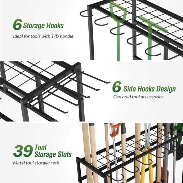Alt view image 6 of 7 - Garden Tool Organizer Rack Up to 39 Tools, Heavy-Duty Steel Yard Tool Organizer for Garage Storage with 12 Hooks, Broom Holder & Garden Tool Rack for Shed, Patio, Outdoor Storage, Black