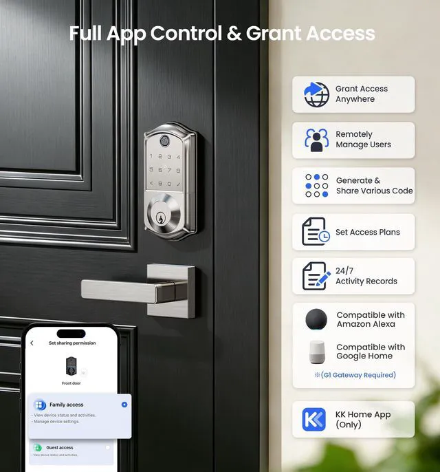 Alt view image 2 of 7 - VE017 Fingerprint Smart Door Lock with App Control, Satin Nickel 8-in-1 Keyless Entry, Smart User Management, Auto Lock, Electronic Touchscreen Keypad, USB-C Port, Deadbolt for Front Door