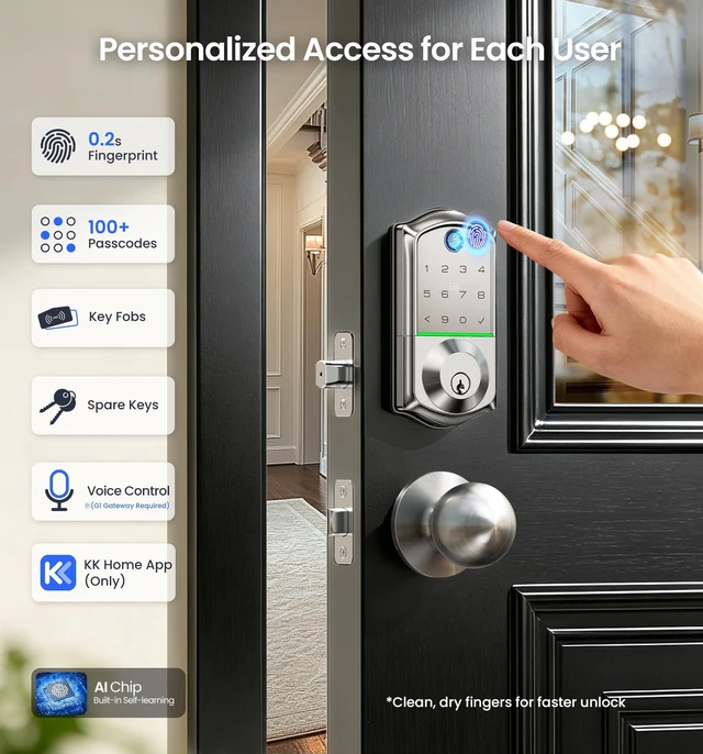 Alt view image 3 of 7 - VE017 Fingerprint Smart Door Lock with App Control, Satin Nickel 8-in-1 Keyless Entry, Smart User Management, Auto Lock, Electronic Touchscreen Keypad, USB-C Port, Deadbolt for Front Door