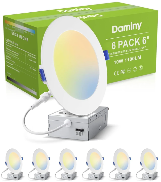 Main image of 6 Pack 6 Inch LED Recessed Lighting, Canless Wafer Downlight, White 5CCT, Ultra-Thin Recessed Light with Junction Box, Dimmable, 10W 1100LM 120V, IC&Damp Rated