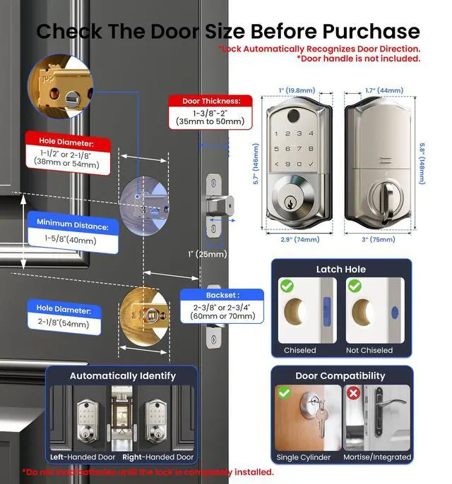 Alt view image 6 of 7 - VE017 Fingerprint Smart Door Lock with App Control, Satin Nickel 8-in-1 Keyless Entry, Smart User Management, Auto Lock, Electronic Touchscreen Keypad, USB-C Port, Deadbolt for Front Door