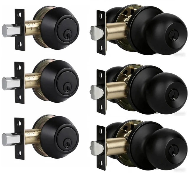 Main image of Value Pack Door Lock with Key and Deadbolt, Keyed Alike Exterior Door Handle Set for Front and Entry Doors, Matte Black Finish, 3 Pack