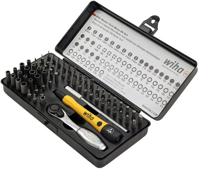 Alt view image 2 of 7 - 75965 ESD Safe Master Technician Ratchet and MicroBits Set, 65 Piece ESD-safe cushion grip handle; micro bits, ratchet, adapter and extension; foam tray metal case; sixty-five piece