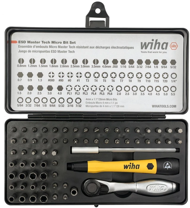 Main image of 75965 ESD Safe Master Technician Ratchet and MicroBits Set, 65 Piece ESD-safe cushion grip handle; micro bits, ratchet, adapter and extension; foam tray metal case; sixty-five piece