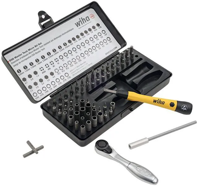 Alt view image 4 of 7 - 75965 ESD Safe Master Technician Ratchet and MicroBits Set, 65 Piece ESD-safe cushion grip handle; micro bits, ratchet, adapter and extension; foam tray metal case; sixty-five piece