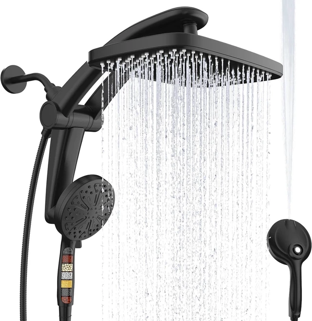 Main image of 12-Inch High Pressure Rain Shower Head with Handheld Spray Combo, Magnetic Dual shower heads; one-piece bracket adjusts height and angle; 9 settings: 8 sprays + 1 Power Jet for cleaning; easy install
