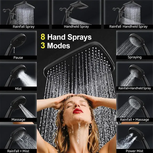 Alt view image 3 of 7 - 12-Inch High Pressure Rain Shower Head with Handheld Spray Combo, Magnetic Dual shower heads; one-piece bracket adjusts height and angle; 9 settings: 8 sprays + 1 Power Jet for cleaning; easy install