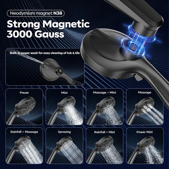Alt view image 4 of 7 - 12-Inch High Pressure Rain Shower Head with Handheld Spray Combo, Magnetic Dual shower heads; one-piece bracket adjusts height and angle; 9 settings: 8 sprays + 1 Power Jet for cleaning; easy install
