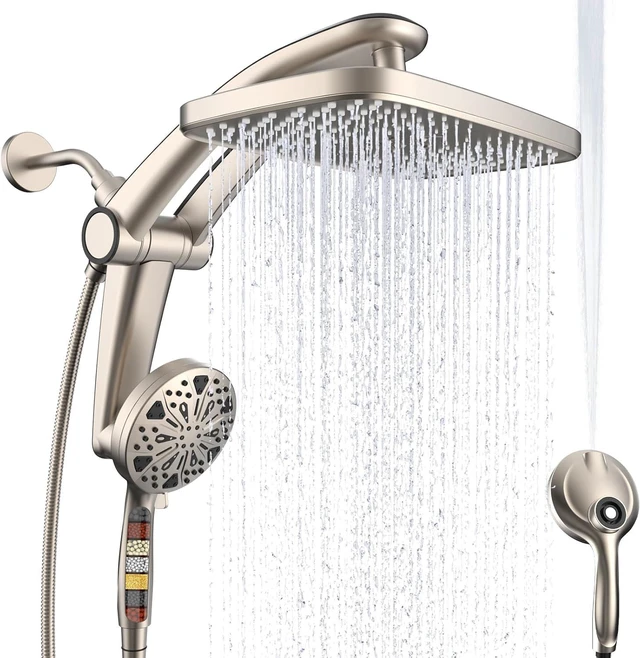 Main image of 12-Inch High Pressure Rain Shower Head with Handheld Spray Combo, Magnetic Dual shower heads; one-piece bracket adjusts height and angle; 9 settings: 8 sprays + 1 Power Jet for cleaning; easy install