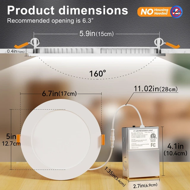 Alt view image 3 of 7 - 24 Pack 6 Inch Ultra-Thin 5CCT LED Recessed Ceiling Light,Canless 1050LM, 2700K-5000K Selectable,12W Eqv 110W,5%-100% Dimmable,Wafer Downlights with Junction Box,ETL & Energy Star & FCC