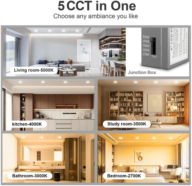 Alt view image 2 of 7 - 24 Pack 6 Inch Ultra-Thin 5CCT LED Recessed Ceiling Light,Canless 1050LM, 2700K-5000K Selectable,12W Eqv 110W,5%-100% Dimmable,Wafer Downlights with Junction Box,ETL & Energy Star & FCC