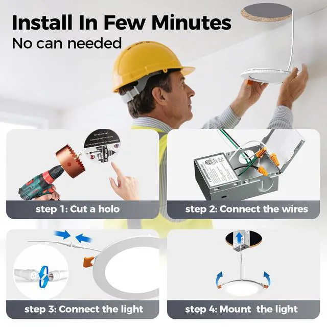 Alt view image 6 of 7 - 24 Pack 6 Inch Ultra-Thin 5CCT LED Recessed Ceiling Light,Canless 1050LM, 2700K-5000K Selectable,12W Eqv 110W,5%-100% Dimmable,Wafer Downlights with Junction Box,ETL & Energy Star & FCC