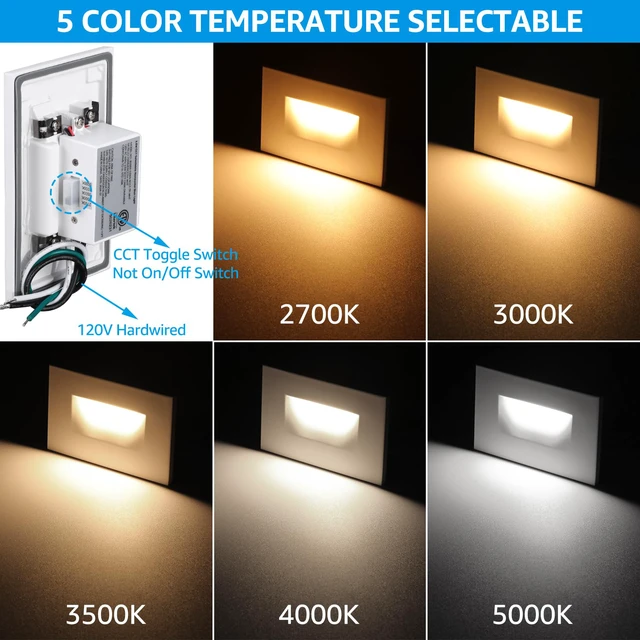 Alt view image 2 of 7 - 6-Pack 5CCT 120V LED Step Lights, Horizontal, White 150LM, 5%-100% Dimmable, CRI90, ETL, Indoor Outdoor Stair Lights, Wet Location, 2700K/3000K/3500K/4000K/5000K, Aluminum
