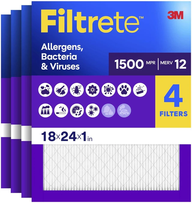 Main image of 18x24x1 Air Filter, MERV 12, MPR 1500, Allergens, Bacteria & Viruses, 3-Month AC and Furnace Filters, Cleaner Air, Reliable Airflow, 4 HVAC Filters (Actual Size 17.81 x 23.81 x 0.78 in)