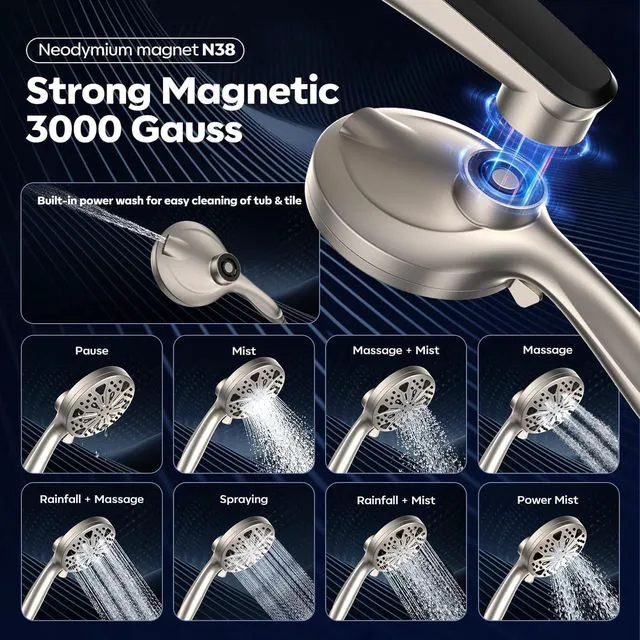 Alt view image 3 of 7 - 12-Inch High Pressure Rain Shower Head with Handheld Spray Combo, Magnetic Dual shower heads; one-piece bracket adjusts height and angle; 9 settings: 8 sprays + 1 Power Jet for cleaning; easy install