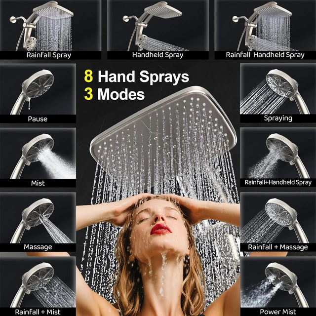 Alt view image 4 of 7 - 12-Inch High Pressure Rain Shower Head with Handheld Spray Combo, Magnetic Dual shower heads; one-piece bracket adjusts height and angle; 9 settings: 8 sprays + 1 Power Jet for cleaning; easy install