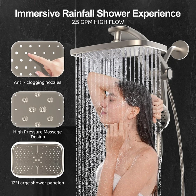 Alt view image 6 of 7 - 12-Inch High Pressure Rain Shower Head with Handheld Spray Combo, Magnetic Dual shower heads; one-piece bracket adjusts height and angle; 9 settings: 8 sprays + 1 Power Jet for cleaning; easy install