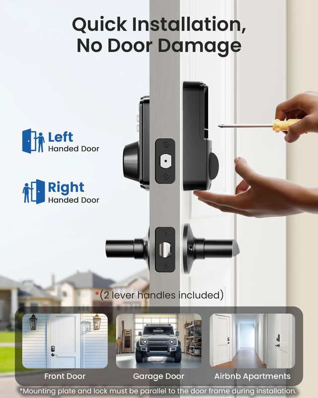 Alt view image 7 of 7 - KS01B Keypad Door Lock with 2 Lever Handles Set, Matte Black Keyless Entry, 20 Codes, Auto Lock, Anti-Peeping Code, Electronic Deadbolt for Front Door, IP54 Waterproof, Easy Install