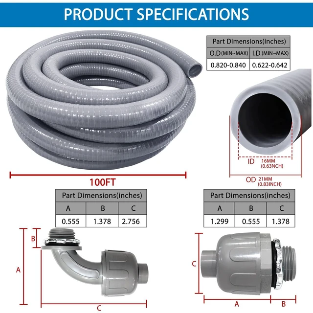 Alt view image 2 of 7 - 1/2inch 100ft Liquid-Tight Conduit and Connector Kit,Flex Conduit Flexible Non-Metallic Electrical Conduit Kit with 5 Straight and 3 90-Degree Conduit Connector Fittings(1/2" Dia, 100 FT)