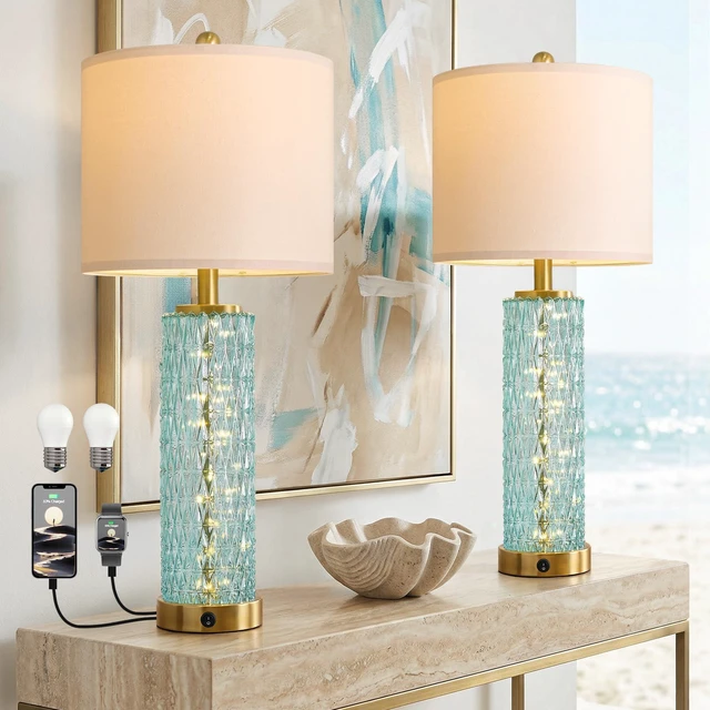 Main image of 27.75" Coastal Table Lamps Set of 2, Clear Blue Bedside Lamp with Glass Nightlight, USB A+C, Unique Desk Lamps for Living Room, Bedroom, Nightstand, End Table (2 Bulbs Included)