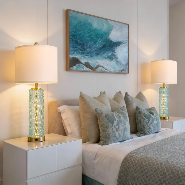 Alt view image 3 of 7 - 27.75" Coastal Table Lamps Set of 2, Clear Blue Bedside Lamp with Glass Nightlight, USB A+C, Unique Desk Lamps for Living Room, Bedroom, Nightstand, End Table (2 Bulbs Included)