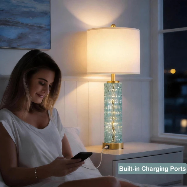 Alt view image 4 of 7 - 27.75" Coastal Table Lamps Set of 2, Clear Blue Bedside Lamp with Glass Nightlight, USB A+C, Unique Desk Lamps for Living Room, Bedroom, Nightstand, End Table (2 Bulbs Included)