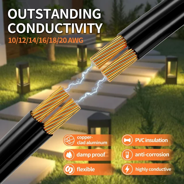 Alt view image 6 of 7 - 500FT 12 Gauge 12/2 Low Voltage Landscape Wire Black 12AWG 2 Conductors Outdoor Low-Voltage Cable Direct Burial Hookup LED Lighting Strips Flexible Cable Copper Clad Aluminum