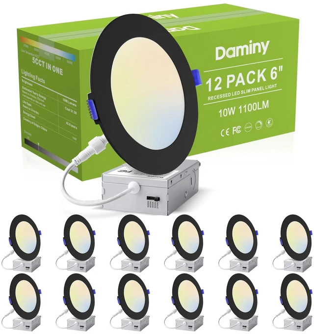 Main image of 12 Pack 6 Inch LED Recessed Lighting, Canless Wafer Downlight 5CCT, Ultra-Thin Recessed Light with Junction Box, Dimmable, 10W 1100LM 120V, IC&Damp Rated