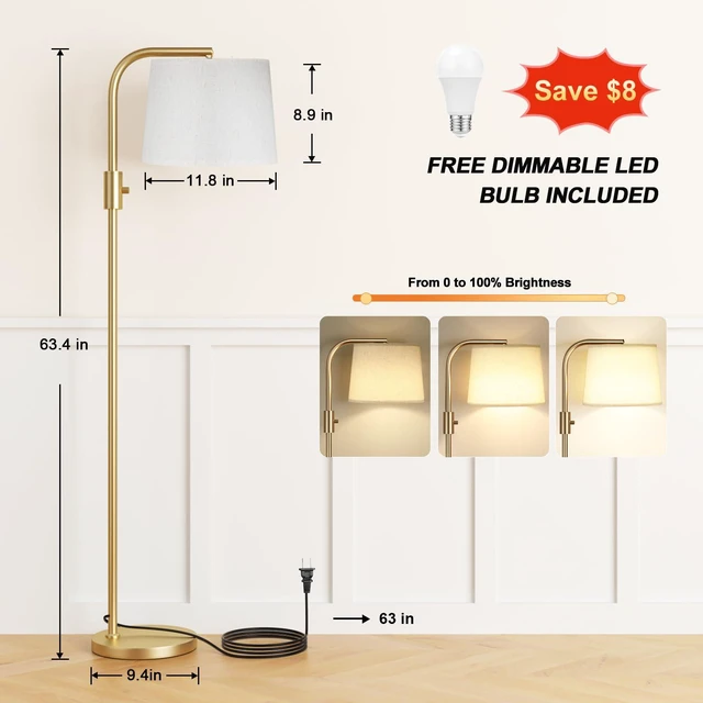 Alt view image 2 of 7 - Fully Dimmable Floor Lamp - Floor Lamps with 9W LED Bulb, Standing Lamps for Living Room with Adjust Head, Modern Standing Tall Light Rotary Switch for Office(Gold and Beige)