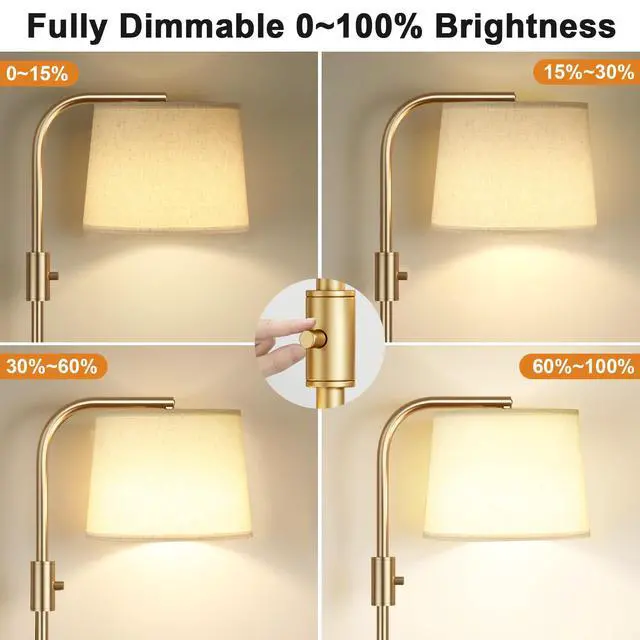 Alt view image 3 of 7 - Fully Dimmable Floor Lamp - Floor Lamps with 9W LED Bulb, Standing Lamps for Living Room with Adjust Head, Modern Standing Tall Light Rotary Switch for Office(Gold and Beige)