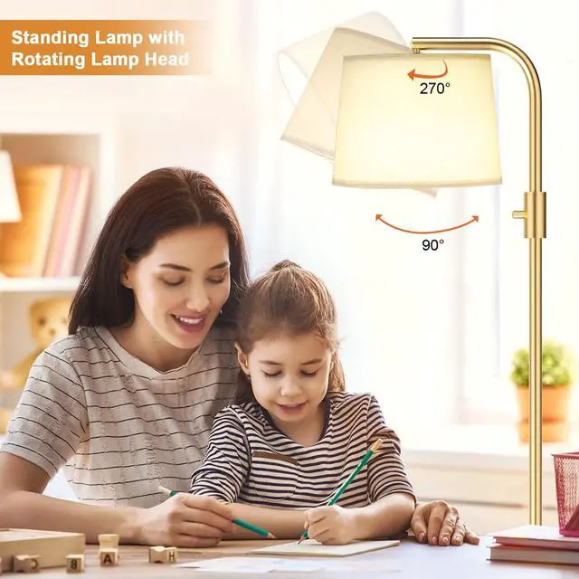 Alt view image 4 of 7 - Fully Dimmable Floor Lamp - Floor Lamps with 9W LED Bulb, Standing Lamps for Living Room with Adjust Head, Modern Standing Tall Light Rotary Switch for Office(Gold and Beige)