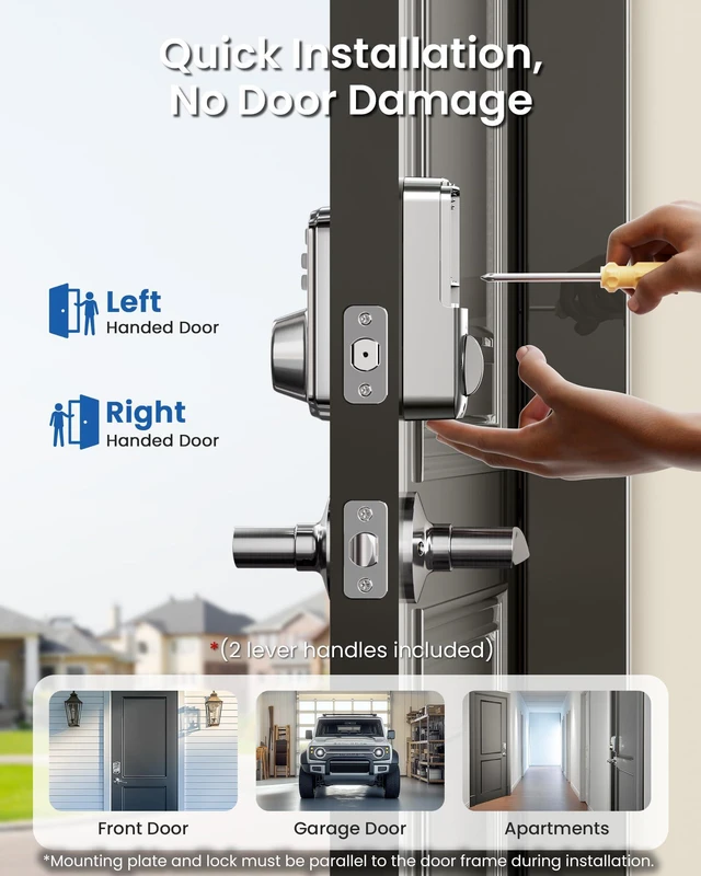 Alt view image 7 of 7 - KS01B Keypad Door Lock with 2 Lever Handles Set, Satin Nickel Keyless Entry, 20 Codes, Auto Lock, Anti-Peeping Code, Electronic Deadbolt for Front Door, IP54 Waterproof, Easy Install