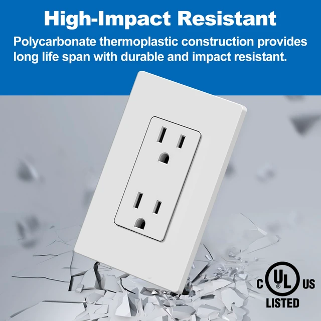 Alt view image 3 of 7 - 50PK 15 Amp Outlets with Screwless Wall Plate, UL Listed, White Non-Tamper Resistant Decorator Receptacle, Standard Electrical Wall Outlet for Home, Office & Commercial Use, 15A/125V/1875W