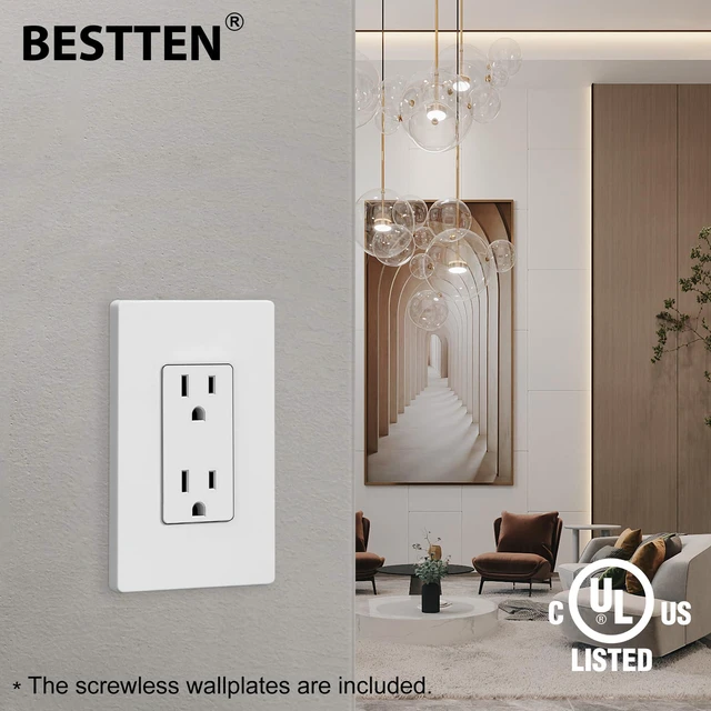 Alt view image 5 of 7 - 50PK 15 Amp Outlets with Screwless Wall Plate, UL Listed, White Non-Tamper Resistant Decorator Receptacle, Standard Electrical Wall Outlet for Home, Office & Commercial Use, 15A/125V/1875W