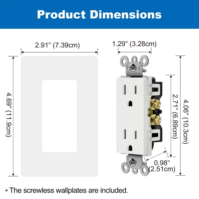 Alt view image 7 of 7 - 50PK 15 Amp Outlets with Screwless Wall Plate, UL Listed, White Non-Tamper Resistant Decorator Receptacle, Standard Electrical Wall Outlet for Home, Office & Commercial Use, 15A/125V/1875W