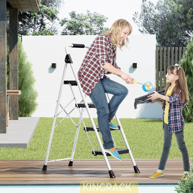 Alt view image 7 of 7 - 4 Step Ladder, Folding Step Ladders for Home, 800lb Capacity,White Step-ladder with Safety Lock Non-Skid Wide Pedals, and Handrail, Lightweight, Household Ladder for Home, Kitchen, Office