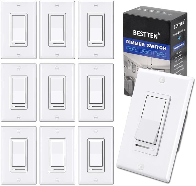 Main image of 10 Pack Dimmer Light Switch, Single-Pole or 3-Way Dimmer Switches UL Listed, 120V, Compatible with Dimmable LED, CFL, Incandescent and Halogen Bulbs, Decorator Wallplate Included, White