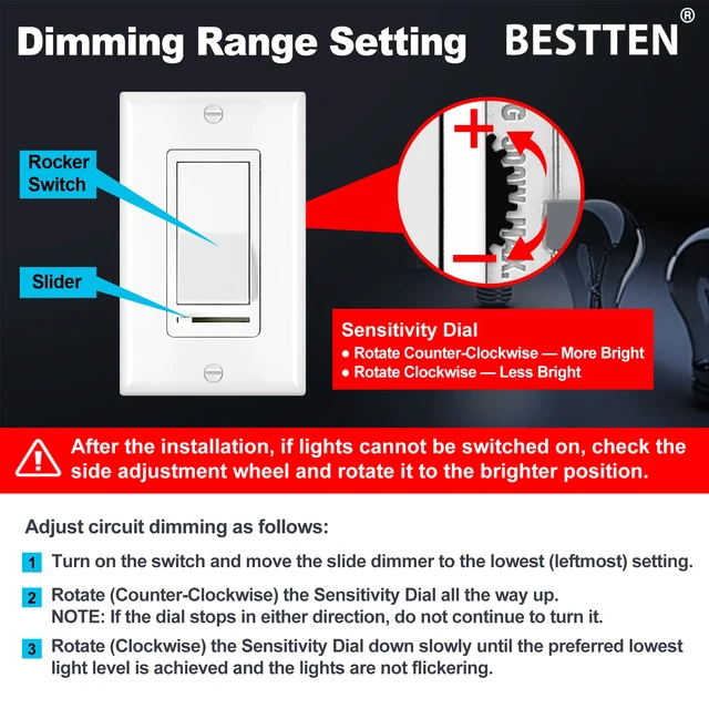 Alt view image 3 of 7 - 10 Pack Dimmer Light Switch, Single-Pole or 3-Way Dimmer Switches UL Listed, 120V, Compatible with Dimmable LED, CFL, Incandescent and Halogen Bulbs, Decorator Wallplate Included, White