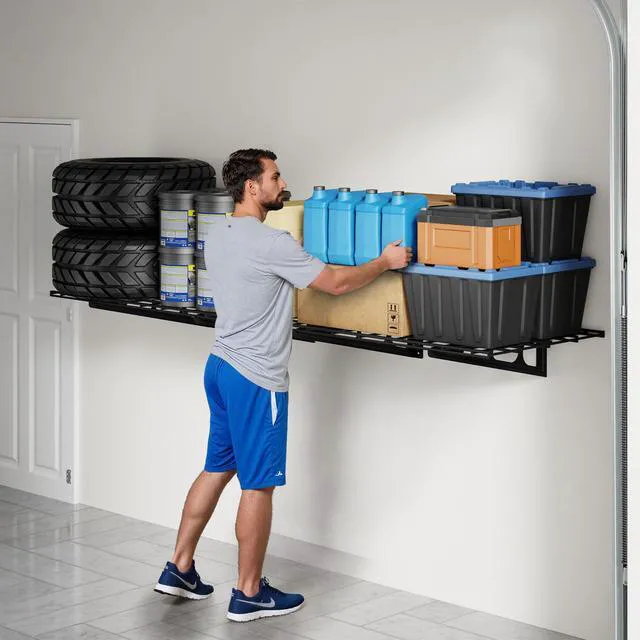 Alt view image 2 of 7 - 1-Pack 2x6ft Garage Shelving Wall-Mounted Storage Rack, Black Heavy-Duty Wall Shelving, Holds Up to 400 lbs, Garage Storage Shelving for Organization & Storage Bins, Classic Series