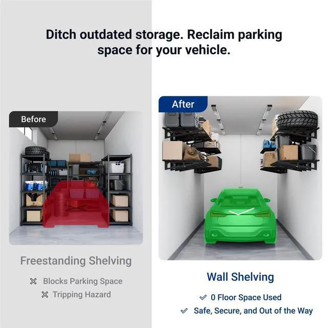 Alt view image 4 of 7 - 1-Pack 2x6ft Garage Shelving Wall-Mounted Storage Rack, Black Heavy-Duty Wall Shelving, Holds Up to 400 lbs, Garage Storage Shelving for Organization & Storage Bins, Classic Series