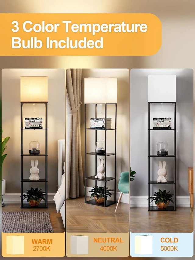 Alt view image 3 of 7 - Large Floor Lamp with Shelves, 5-Tier Tall Floor lamp with for Living Room, Shelf Floor Lamp with 3 CCT LED Bulb, Corner Display Standing Column Lamp, Etagere Organizer Tower Nightstand for Bedroom