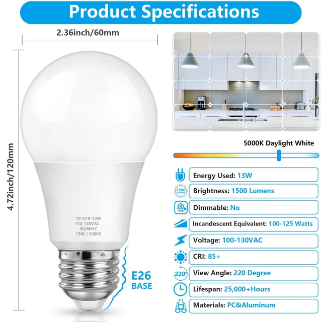 Alt view image 2 of 7 - A19 LED Light Bulbs, 100 Watt Equivalent, Daylight White 5000K, 1500LM, E26 Base, Non-Dimmable, 13W Bright White Bulb, 20-Pack