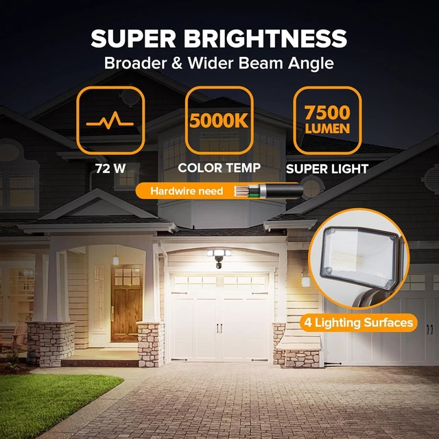 Alt view image 2 of 7 - 2 Pack 72W 7500LM LED Security Lights Motion Sensor Light Outdoor, 5000K Daylight, IP65 Waterproof, Dusk to Dawn, 3-Head Motion Detected Flood Light for Garage, Yard, Porch(Brown)