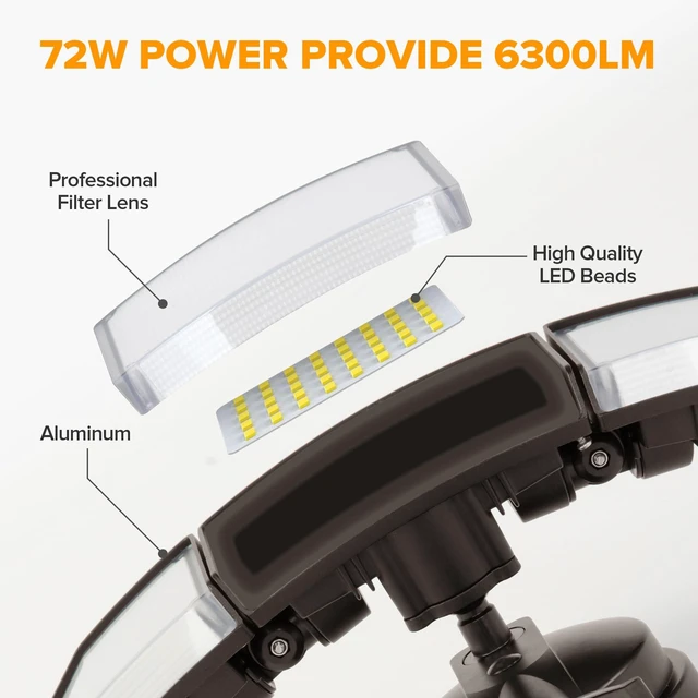 Alt view image 6 of 7 - 2 Pack 72W 7500LM LED Security Lights Motion Sensor Light Outdoor, 5000K Daylight, IP65 Waterproof, Dusk to Dawn, 3-Head Motion Detected Flood Light for Garage, Yard, Porch(Brown)