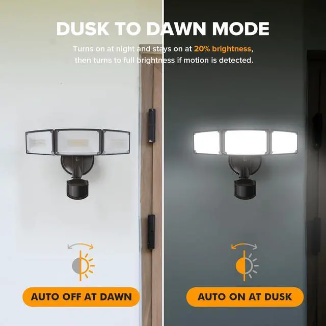 Alt view image 5 of 7 - 2 Pack 72W 7500LM LED Security Lights Motion Sensor Light Outdoor, 5000K Daylight, IP65 Waterproof, Dusk to Dawn, 3-Head Motion Detected Flood Light for Garage, Yard, Porch(Brown)