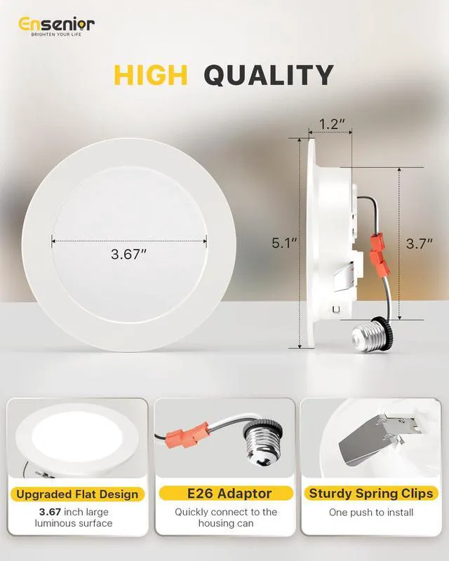 Alt view image 6 of 7 - 4 Inch LED Retrofit Recessed Can Lights, 5CCT, 7W, 700LM, 24 Pack 5%-100% Dimmable, 2700K-5000K Selectable CCT, Flat LED Can Lights, E26 Base Screw In, IC&Damp Rated, ETL&FCC Certified