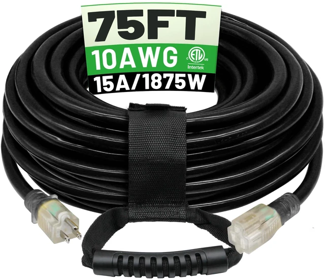 Main image of 75 Ft 10AWG Outdoor Extension Cord Waterproof Heavy Duty, Black 10 Gauge 3 Prong, Flexible Cold-Resistant Power Cord Indoor & Outside with Lighted Indicator End, 15A 1875W SJTW ETL Listed