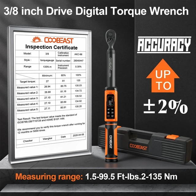 Alt view image 2 of 7 - Digital Torque Wrench 3/8 Drive,Preset Value(1.5-99.5Ft-lbs./2-135 Nm) Buzzer and LED Alert,±2% High Accuracy,72-Tooth, Quick Release,Reversible,Large Screen,for Bike Motorcycle,Gift for Men,DIY