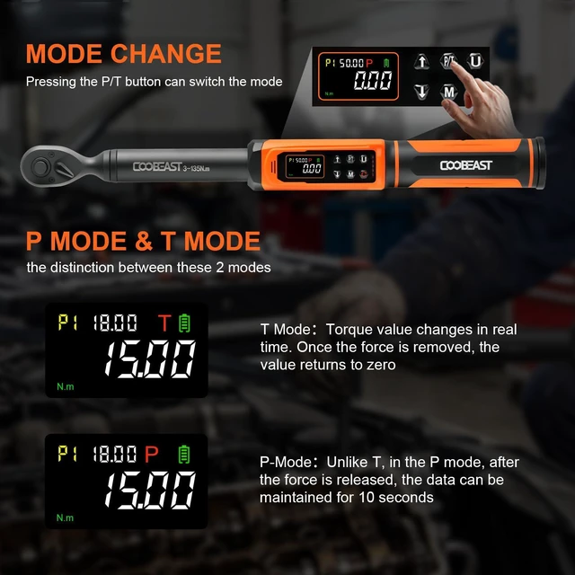 Alt view image 3 of 7 - Digital Torque Wrench 3/8 Drive,Preset Value(1.5-99.5Ft-lbs./2-135 Nm) Buzzer and LED Alert,±2% High Accuracy,72-Tooth, Quick Release,Reversible,Large Screen,for Bike Motorcycle,Gift for Men,DIY