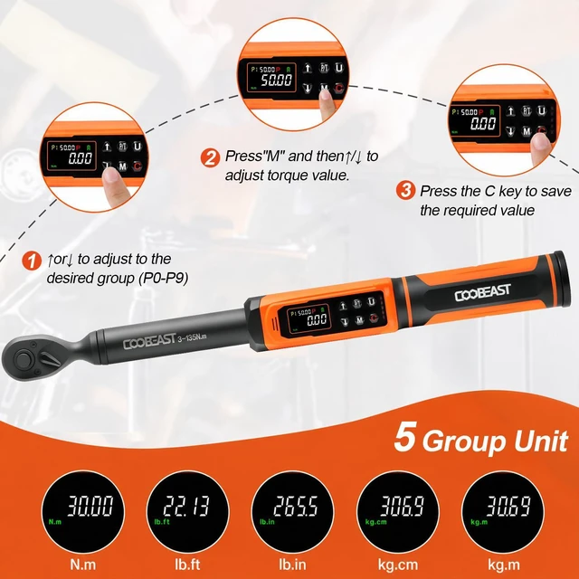 Alt view image 6 of 7 - Digital Torque Wrench 3/8 Drive,Preset Value(1.5-99.5Ft-lbs./2-135 Nm) Buzzer and LED Alert,±2% High Accuracy,72-Tooth, Quick Release,Reversible,Large Screen,for Bike Motorcycle,Gift for Men,DIY